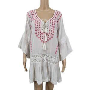 Amita Naithani Boho White and Pink Embroidered Crochet Lace Cotton Top Tunic